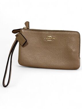 Coach Pebbled Leather Double Zip Wristlet in Brown with Gold Hardware